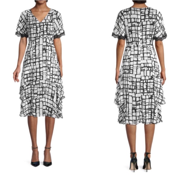 Karl Lagerfeld Paris Print Lace-Trim Tiered Dress - Picture 14 of 14